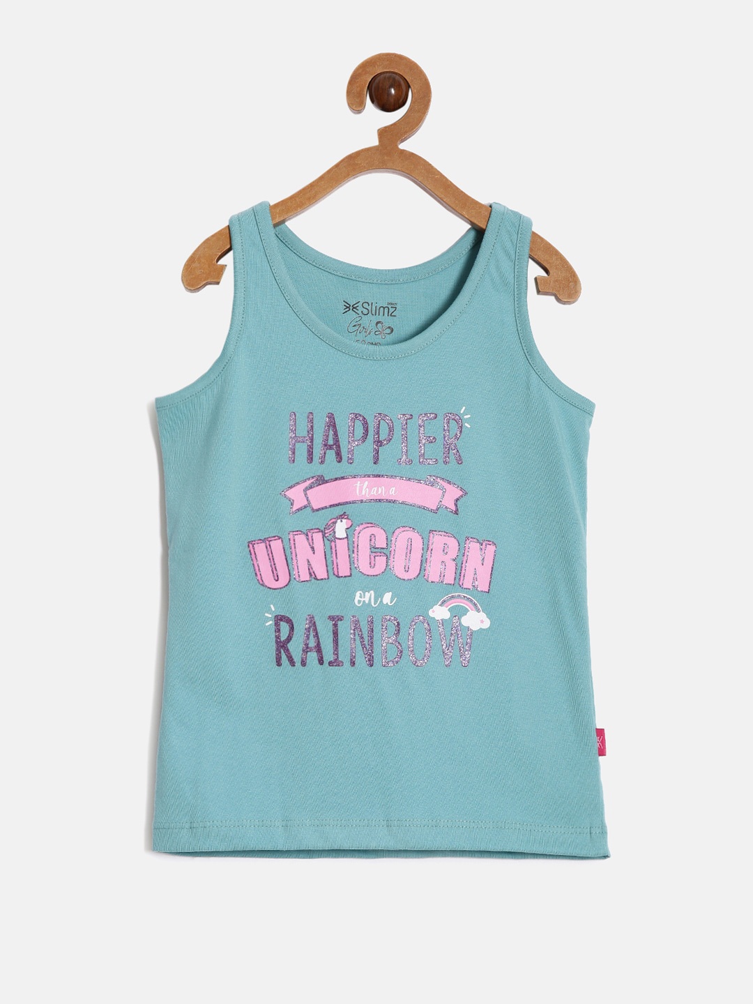 

DIXCY SCOTT Slimz Girls Typography Printed Sleeveless Cotton Comfort Fit T-shirt, Teal