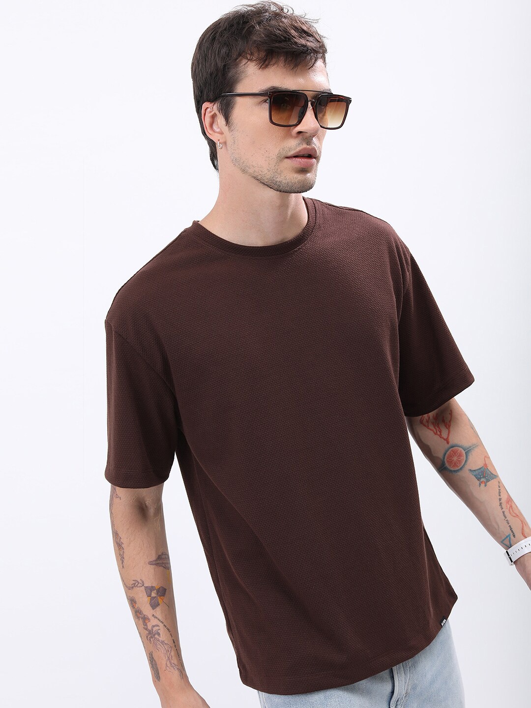 

HIGHLANDER Men Popcorn Structured Oversized T-shirt, Coffee brown