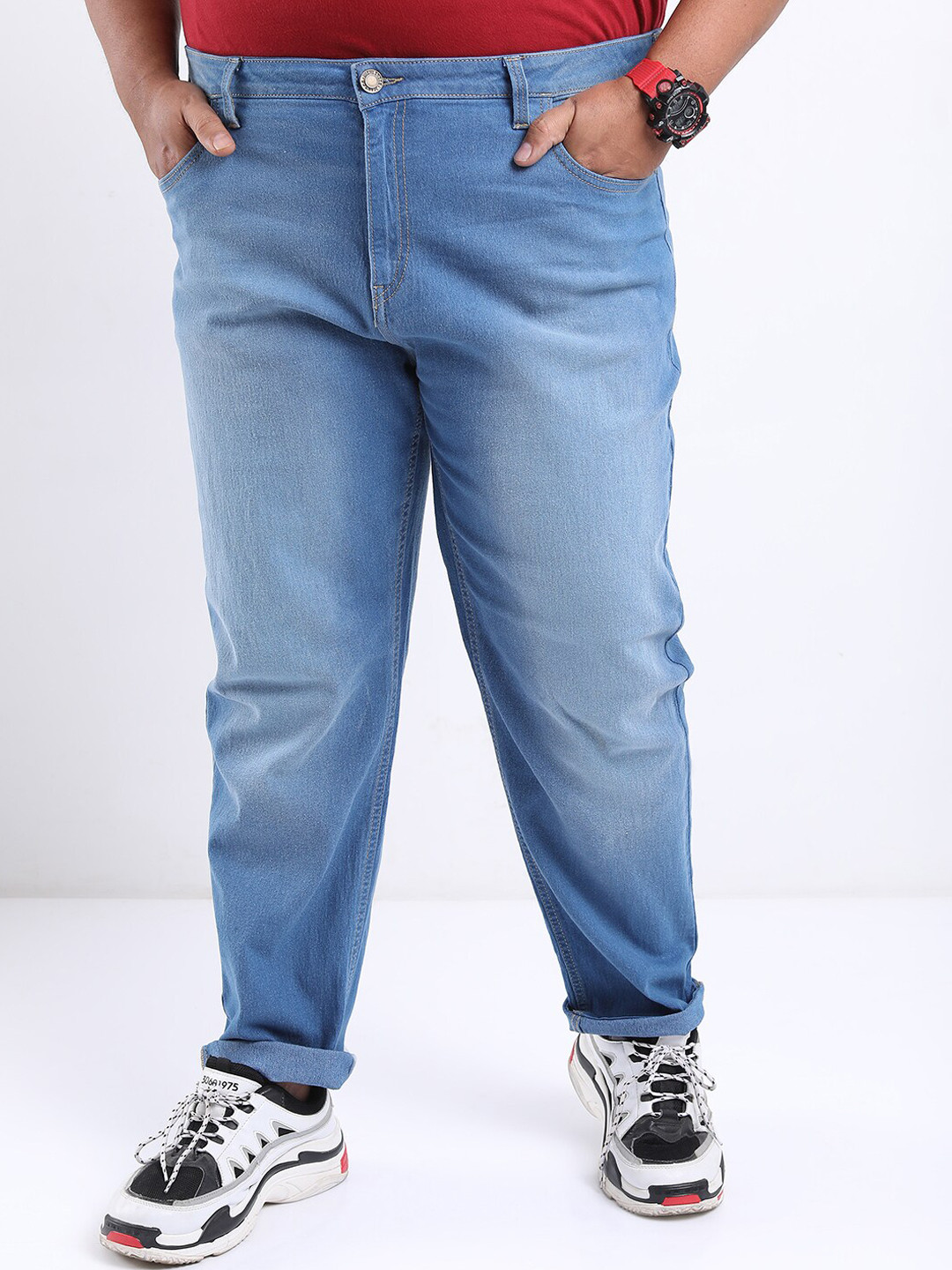 

HIGHLANDER Men Plus Size Slim Fit Mildly Distressed Light Fade Stretchable Jeans, Blue