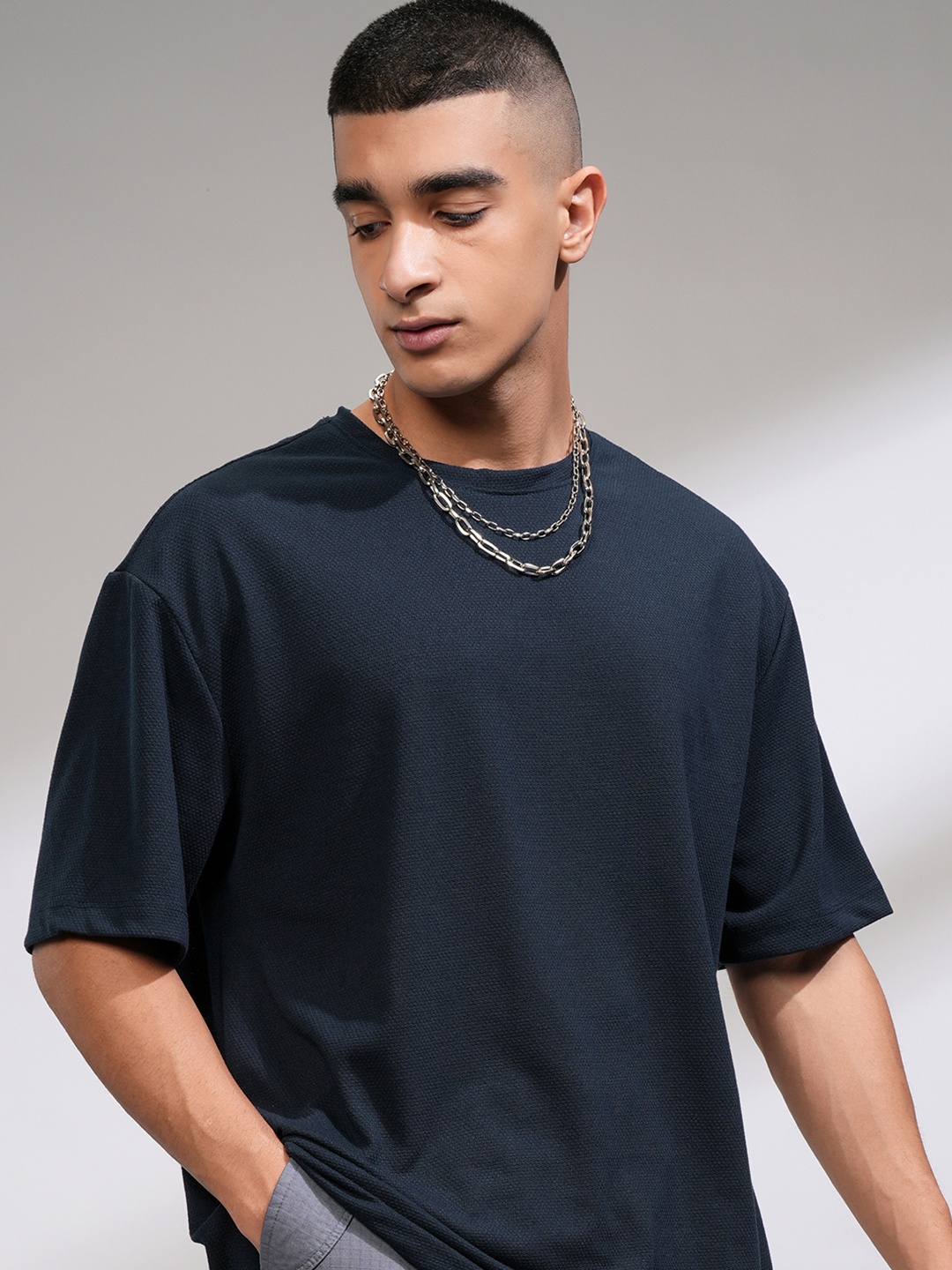 

HIGHLANDER Men Popcorn Structured Over Sized T-shirt, Navy blue