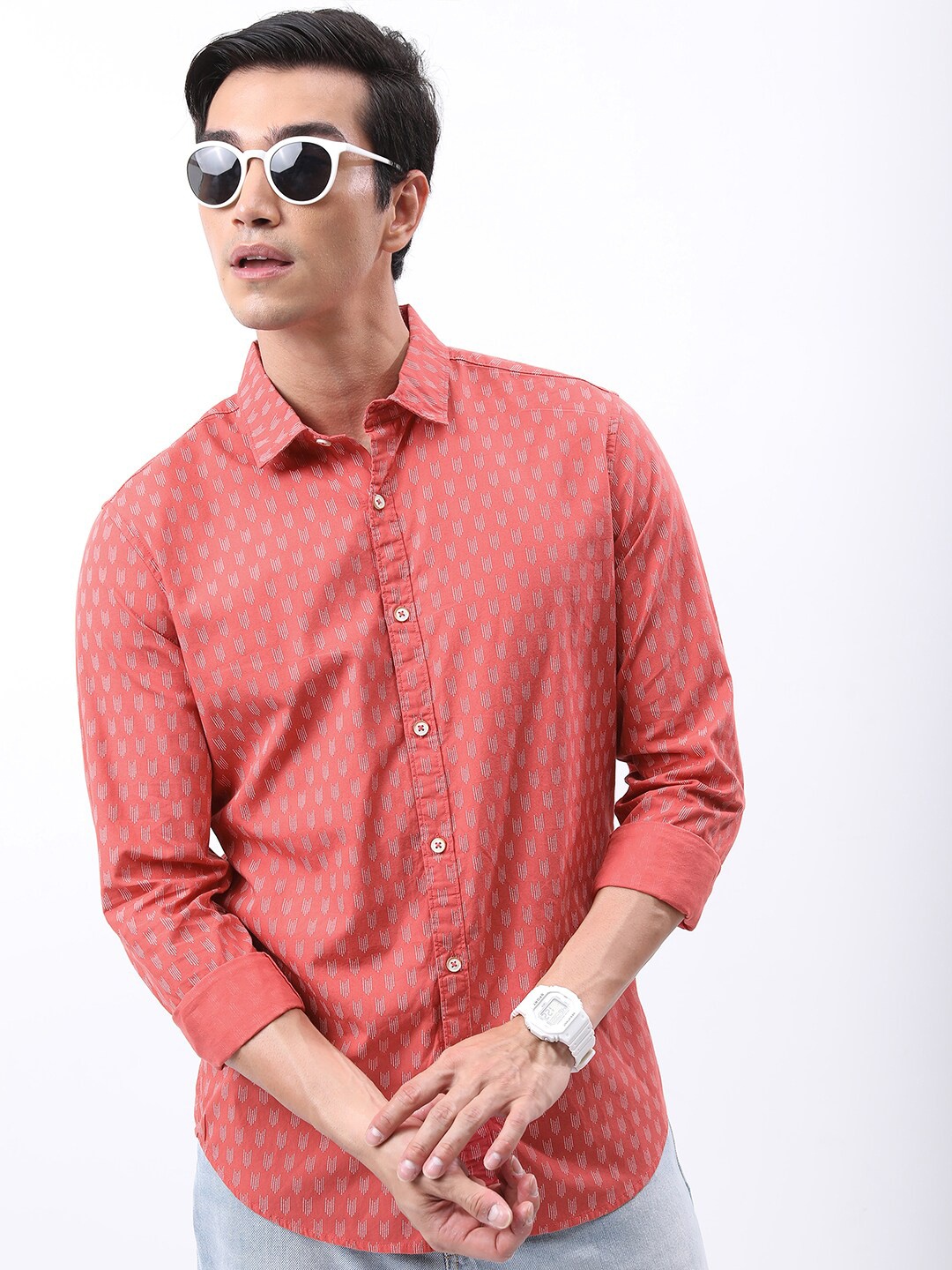 

HIGHLANDER Slim Fit Geometric Printed Casual Cotton Shirt, Coral