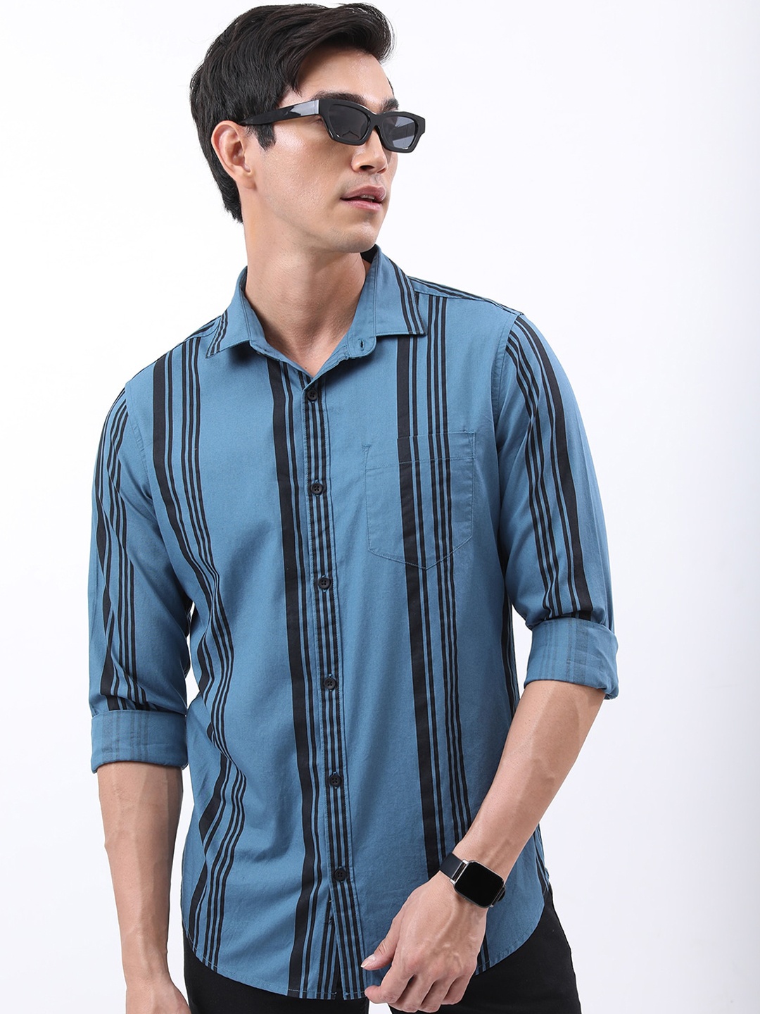 

HIGHLANDER Slim Fit Vertical Striped Casual Cotton Shirt, Blue