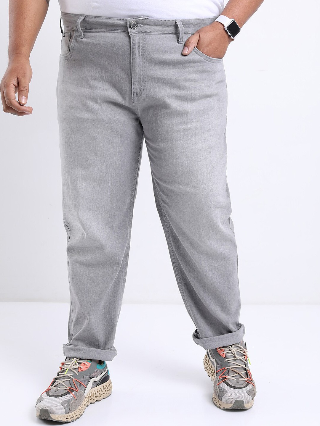 

HIGHLANDER Men Plus Size Slim Fit Light Fade Stretchable Jeans, Grey