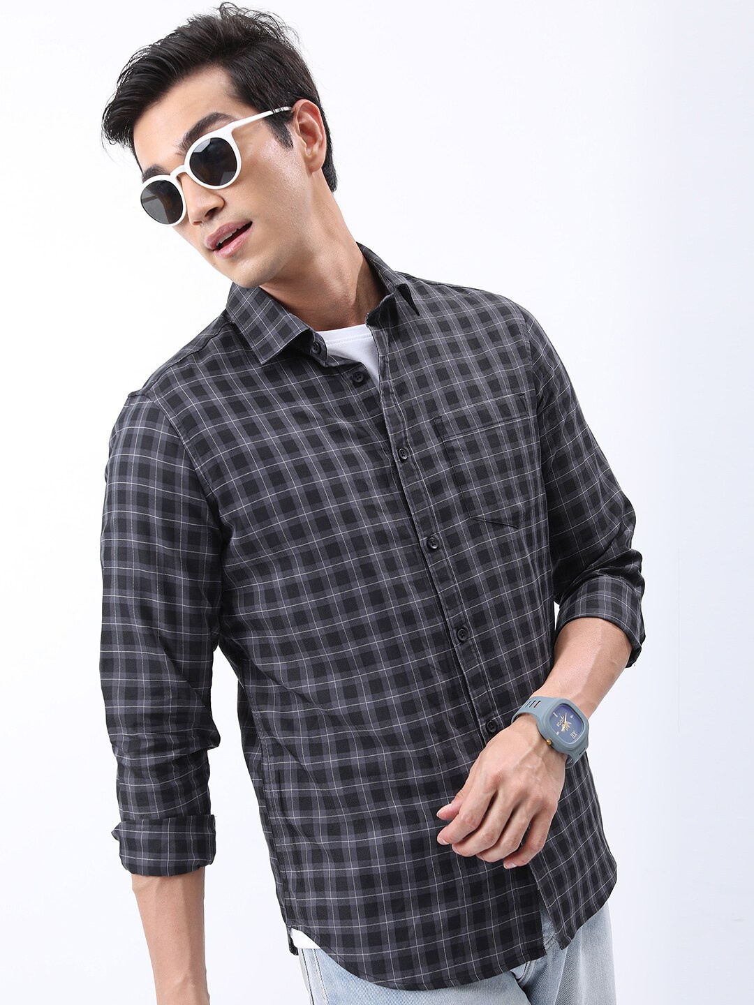 

HIGHLANDER Slim Fit Tartan Checked Casual Shirt, Black