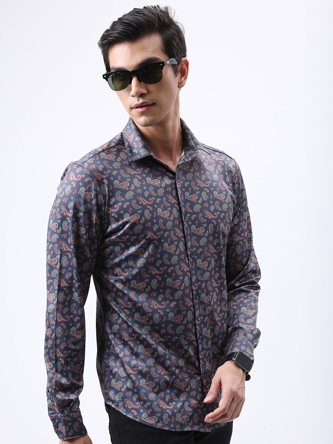 

HIGHLANDER Navy Blue Slim Fit Paisley Printed Party Wear Shirt