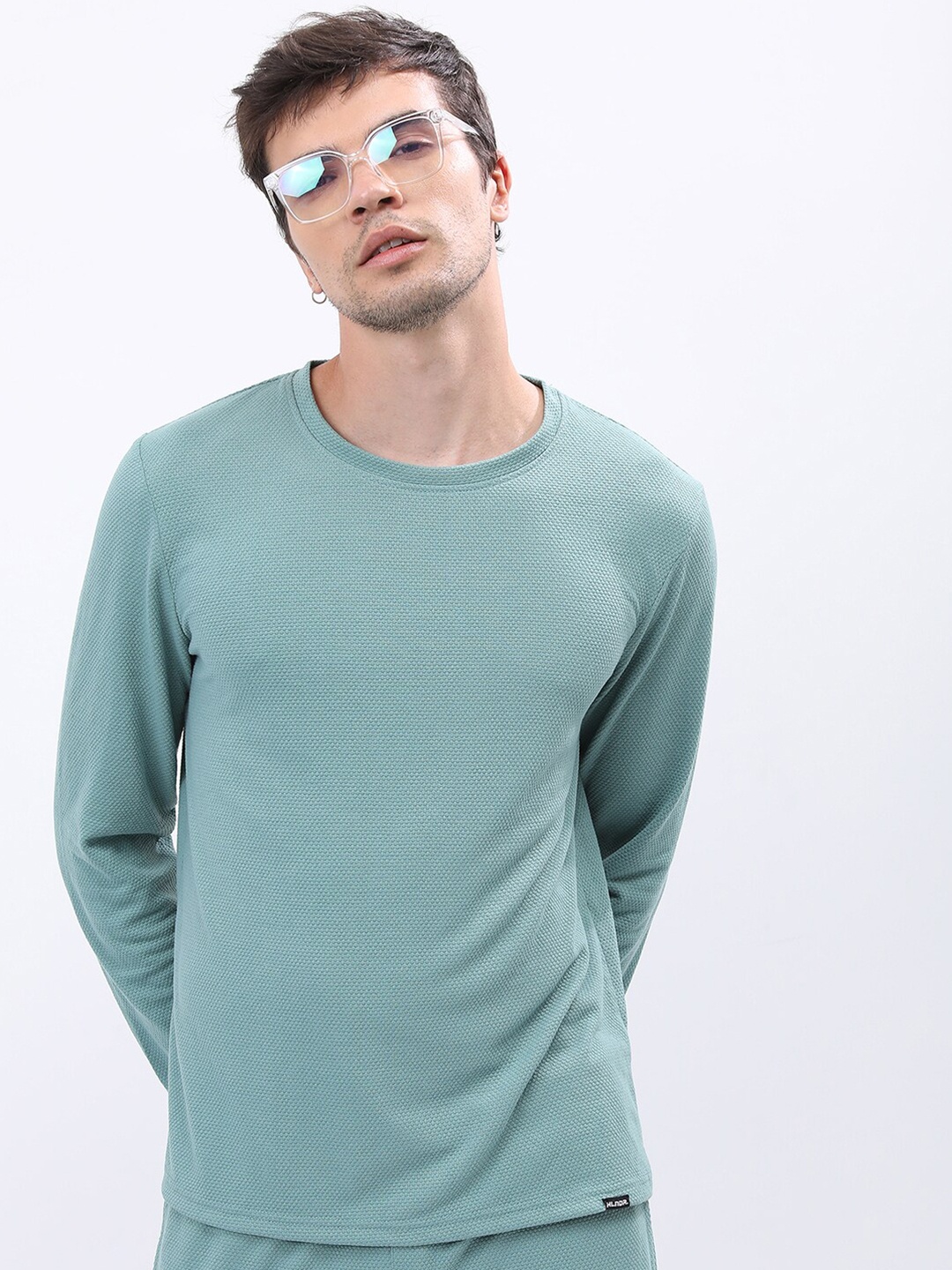 

HIGHLANDER Popcorn Structured Round Neck Long Sleeve Slim Fit T-Shirt, Sea green