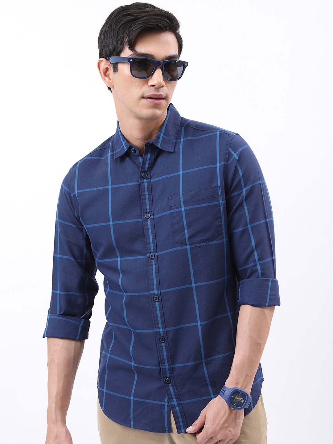 

HIGHLANDER Slim Fit Windowpane Checked Casual Shirt, Navy blue