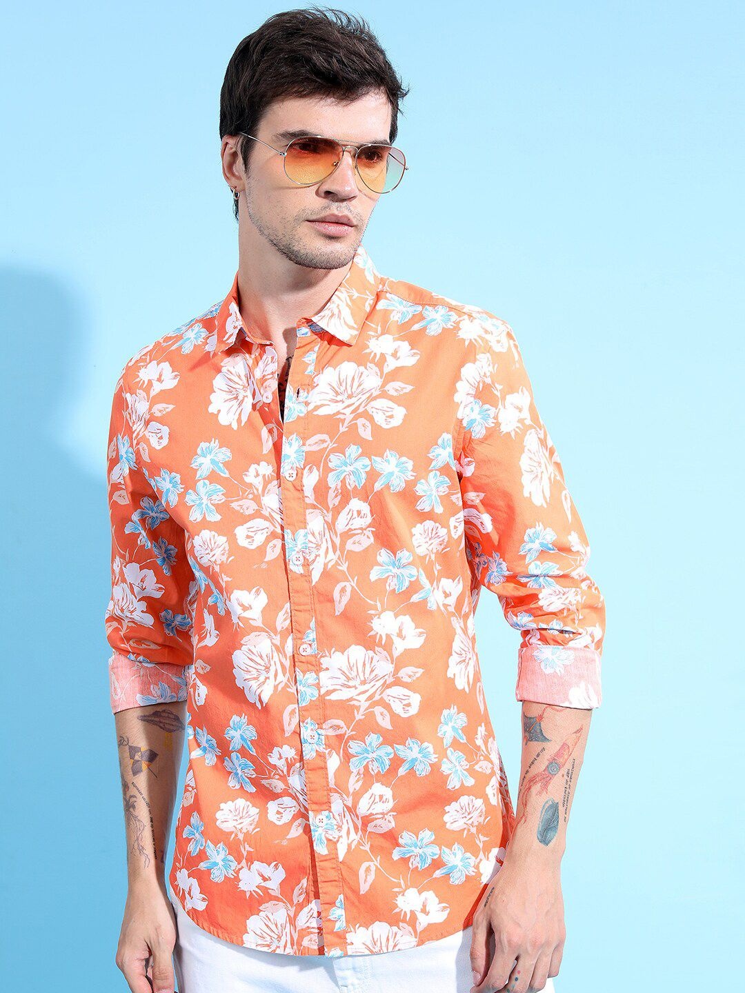 

KETCH Slim Fit Floral Printed Casual Cotton Shirt, Orange