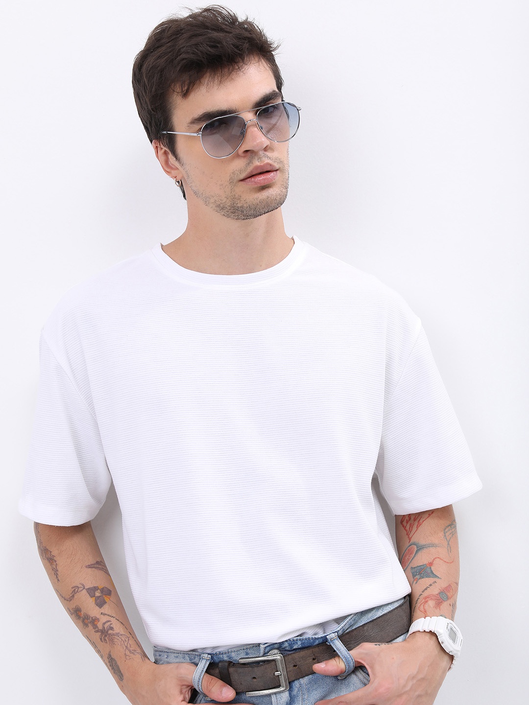 KETCH Men Structured Slim Fit T-shirt, White