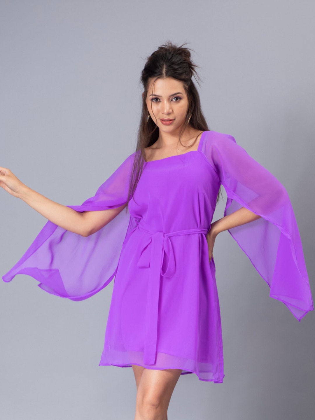 

Svelte Couture Square Neck Flared Sleeve Georgette A-Line Dress With Belt, Purple