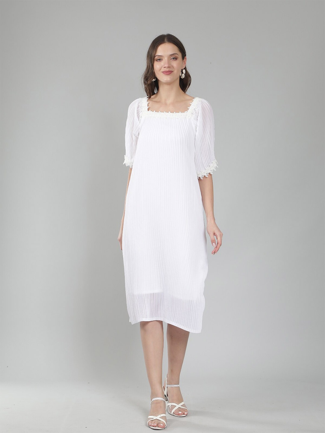 

Svelte Couture Square Neck Accordion Pleats Georgette Midi A-Line Dress, White