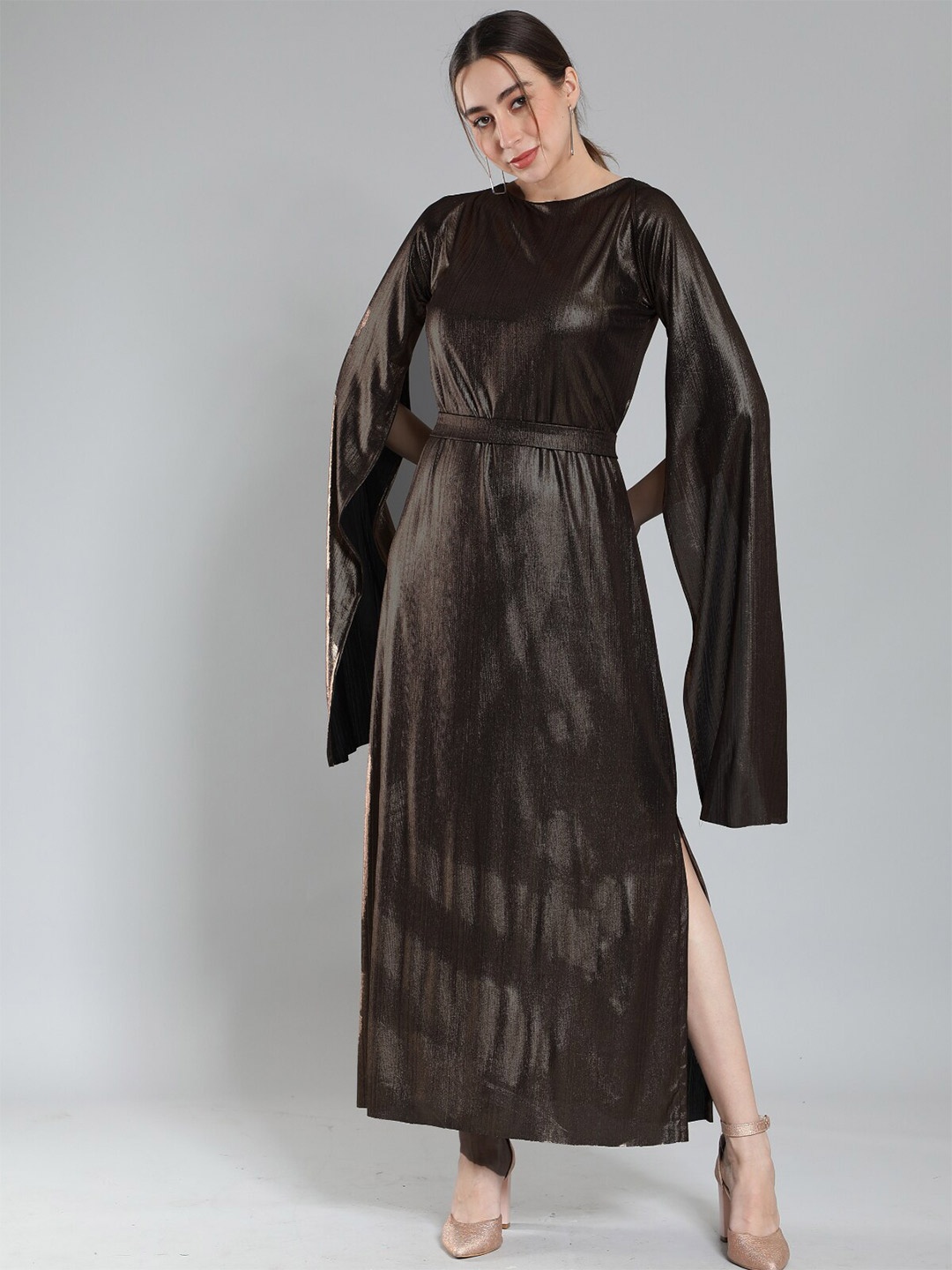 

Svelte Couture Boat Neck Slit Sleeve Maxi Dress With Belt, Bronze