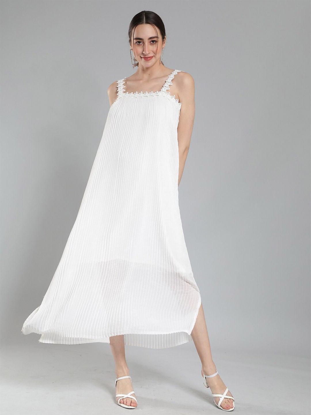 

Svelte Couture Shoulder Straps Accordion Pleats Georgette Midi A-Line Dress, White