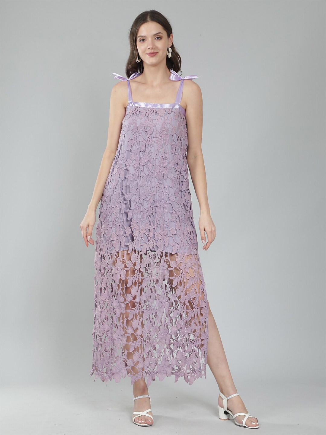 

Svelte Couture Shoulder Straps Floral Lace Maxi Dress, Purple