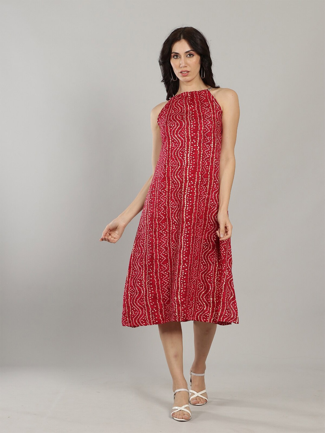 

Svelte Couture Shoulder Straps Bandini Printed A-Line Dress, Red
