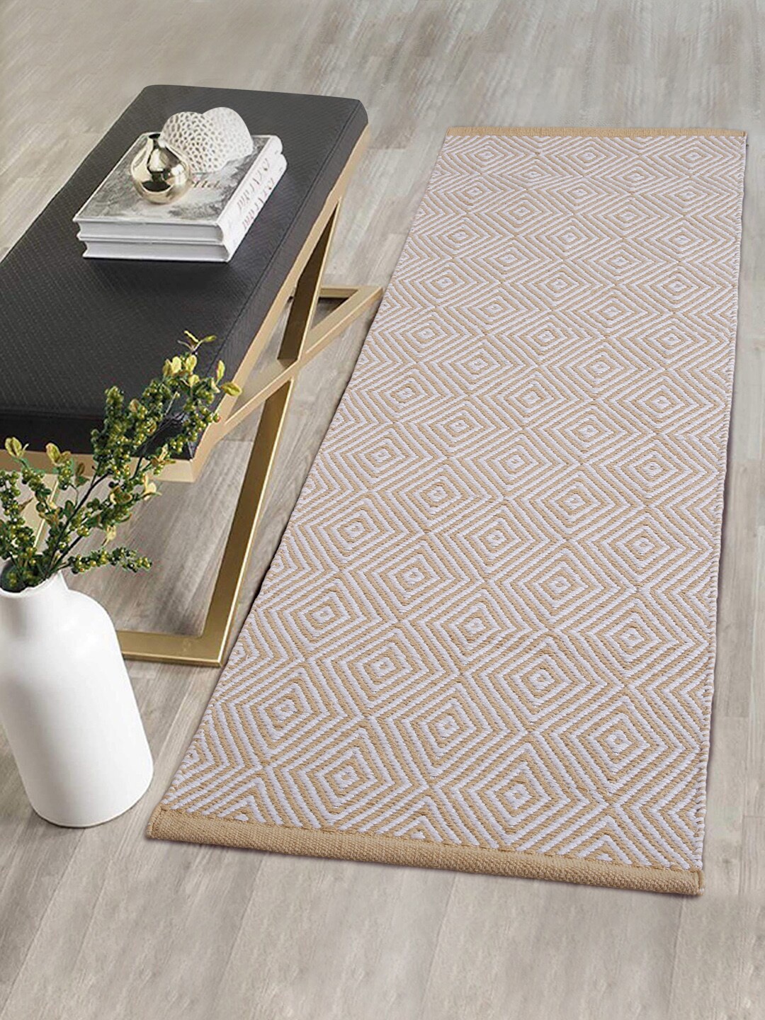 

eyda Beige & White Geometric Woven Design Pure Cotton Floor Runner