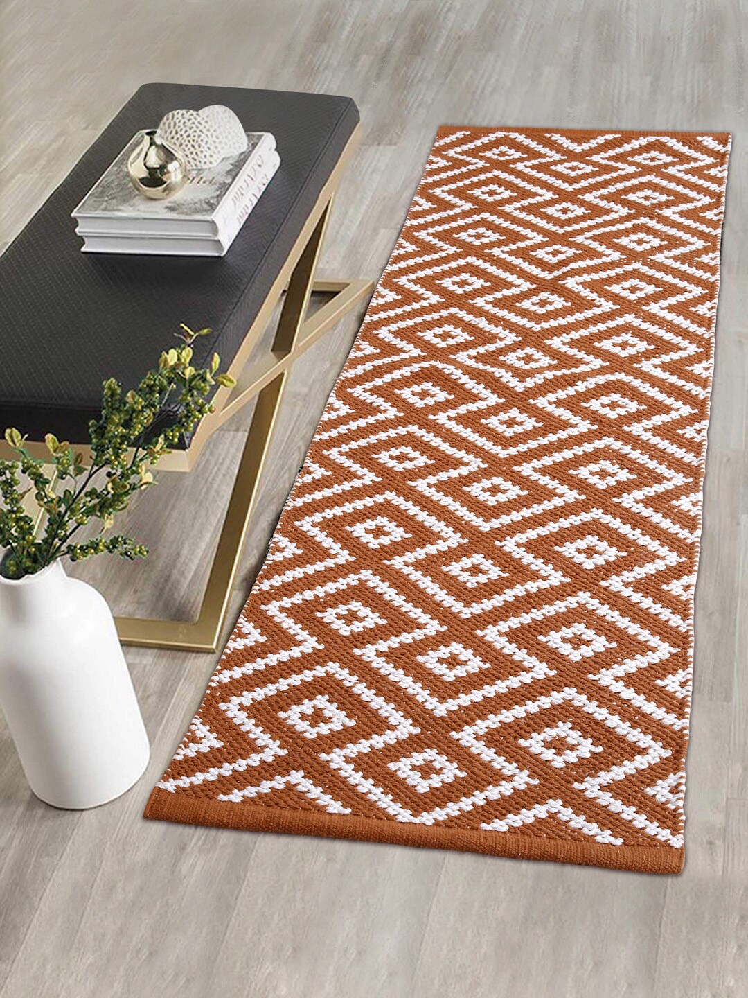 

eyda Rust Brown & White Geometric Design Pure Cotton Floor Runner