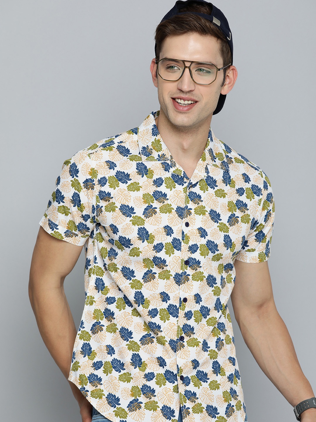 

HERE&NOW Slim Fit Floral Opaque Printed Cotton Casual Shirt, White