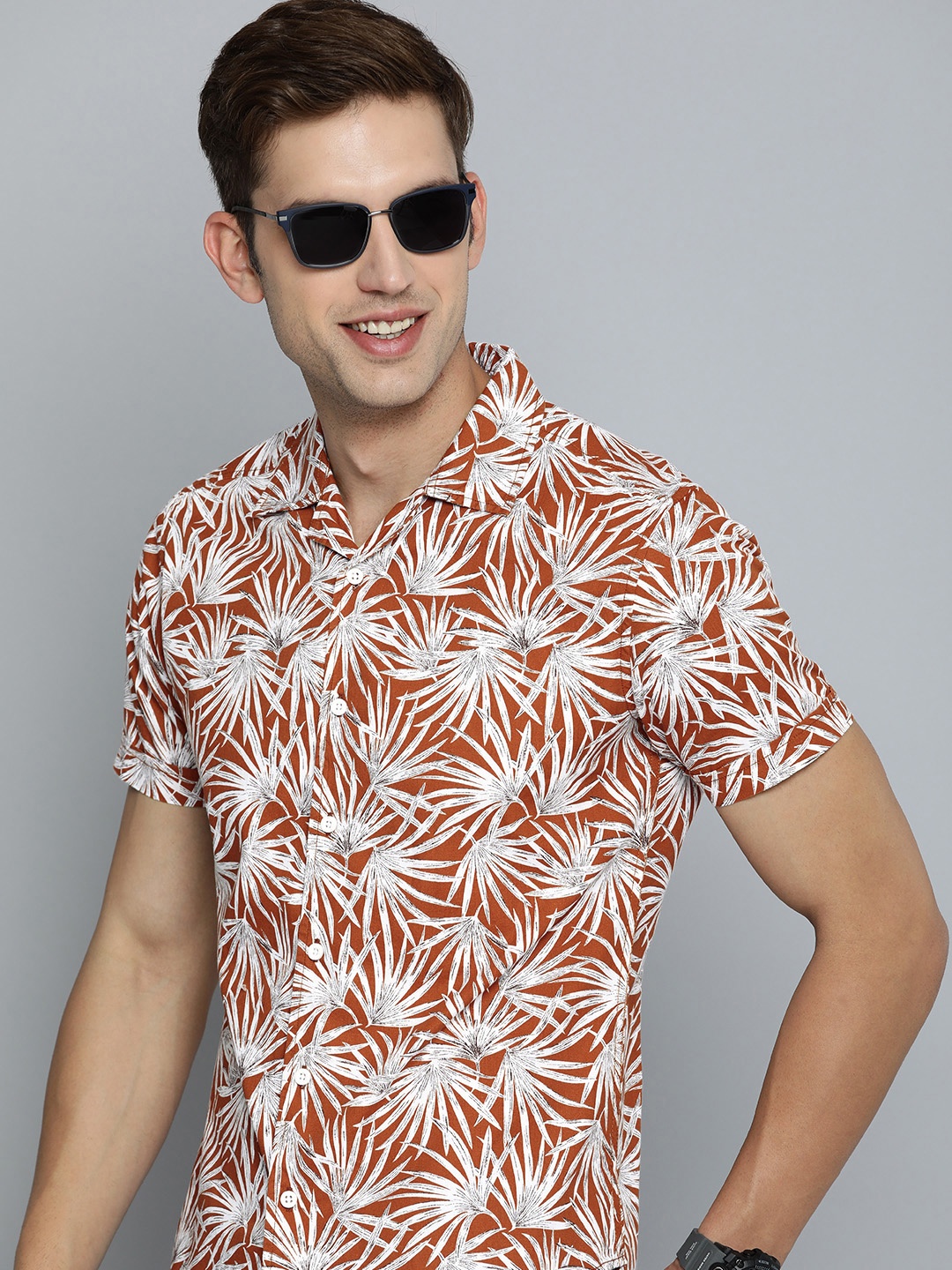 

HERE&NOW Slim Fit Floral Opaque Printed Cotton Casual Shirt, Rust