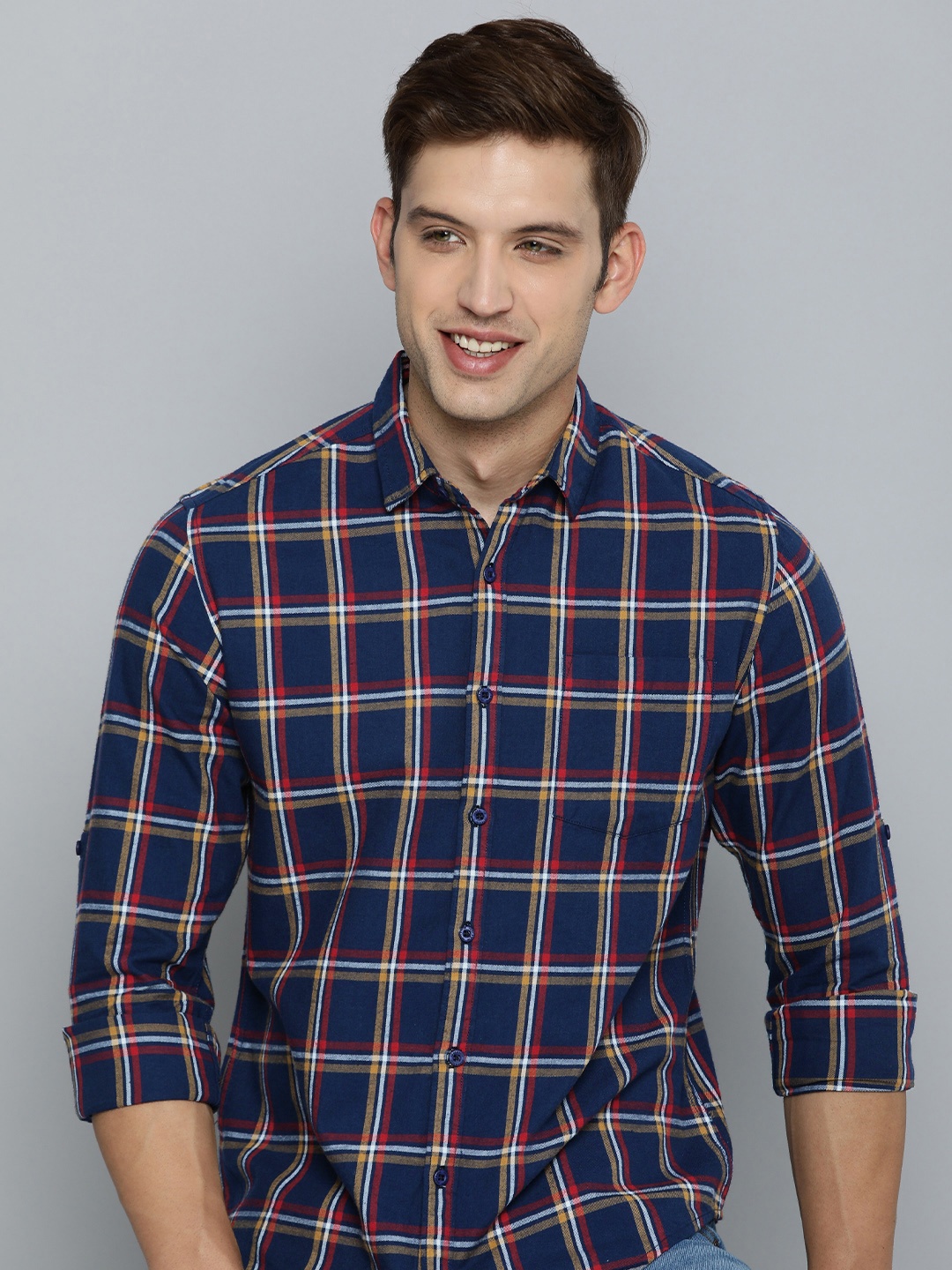 

HERE&NOW Slim Fit Windowpane Checked Cotton Casual Shirt, Navy blue