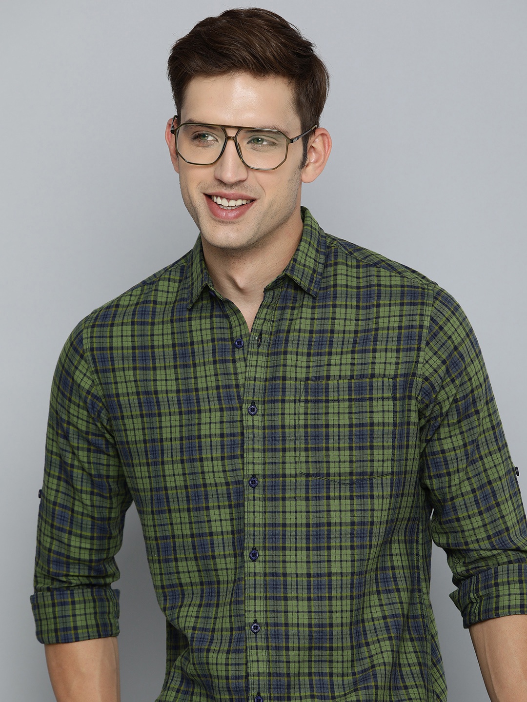 

HERE&NOW Slim Fit Tartan Checked Casual Cotton Shirt, Olive