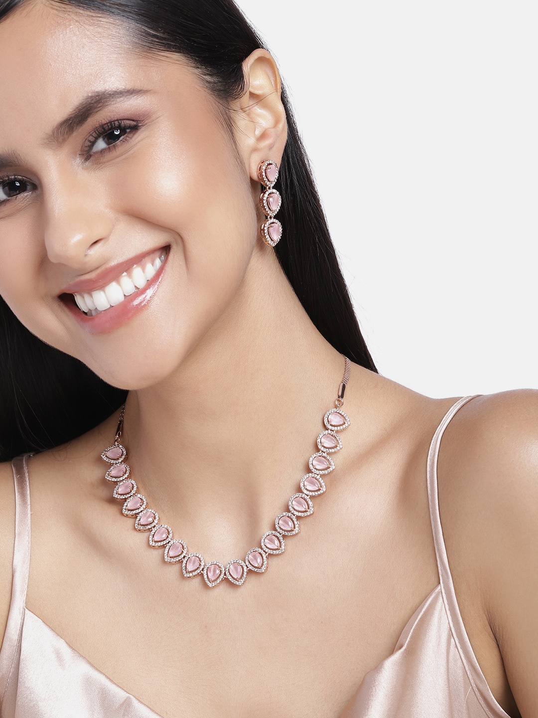 

Estele Rhodium-Plated Studded Tear-Drop Shaped Necklace With Earrings, Silver