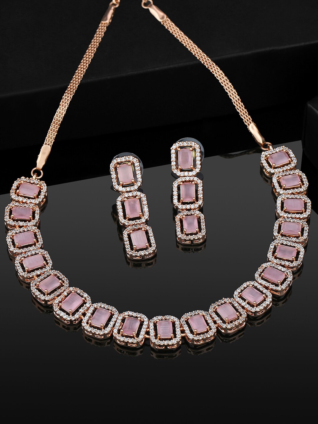 

Estele Rose Gold-Plated Studded Octagon Design Necklace with Earrings