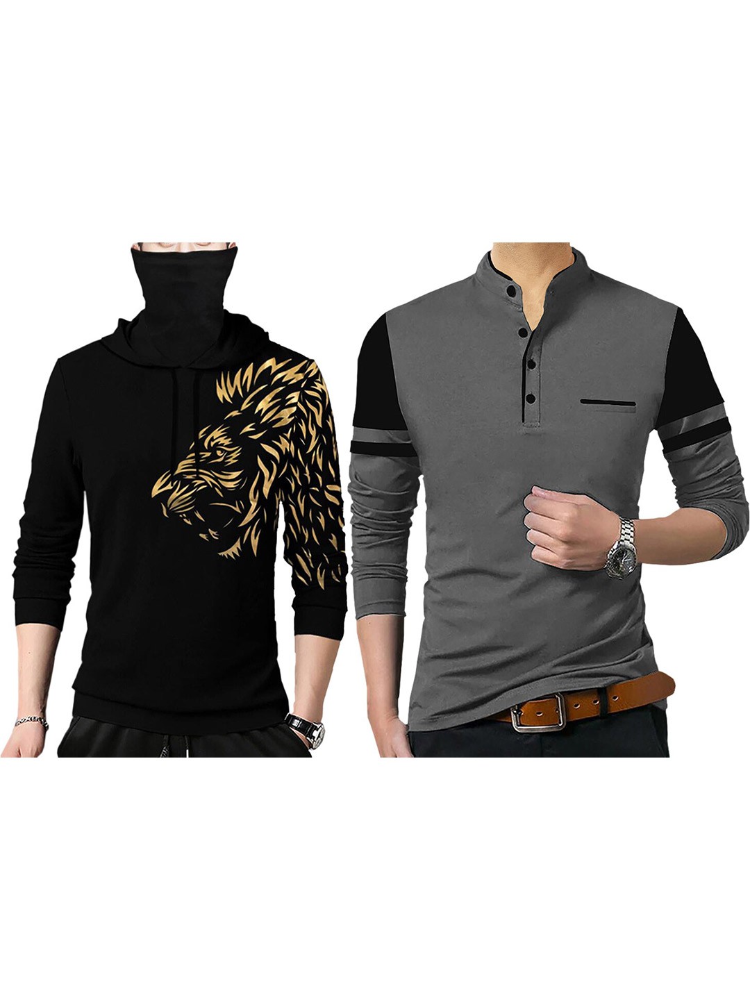 

TRIPR Pack Of 2 Printed Long Sleeves High Neck Cotton T-shirts, Grey