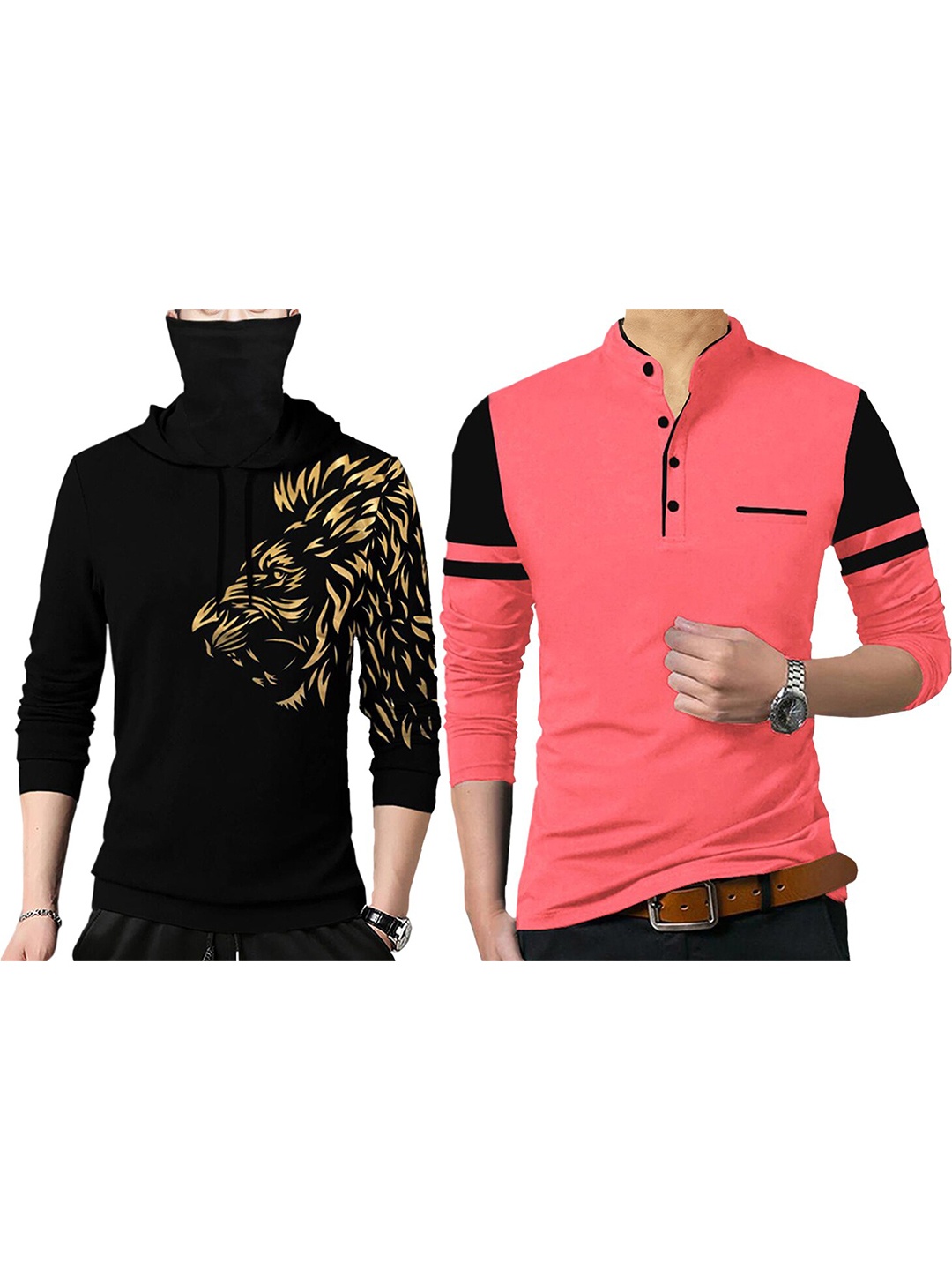 

TRIPR Pack Of 2 Mandarin Collar Cotton T-shirt, Black