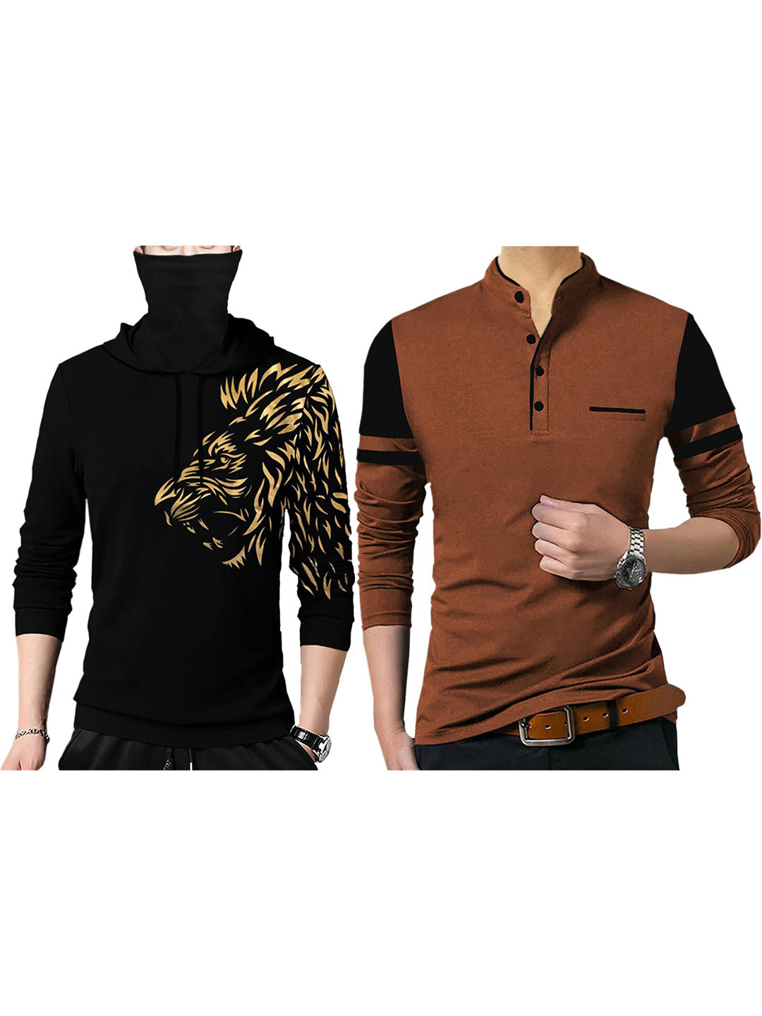 

TRIPR Pack Of 2 Graphic Printed Hooded Slim Fit Cotton T-Shirt, Black