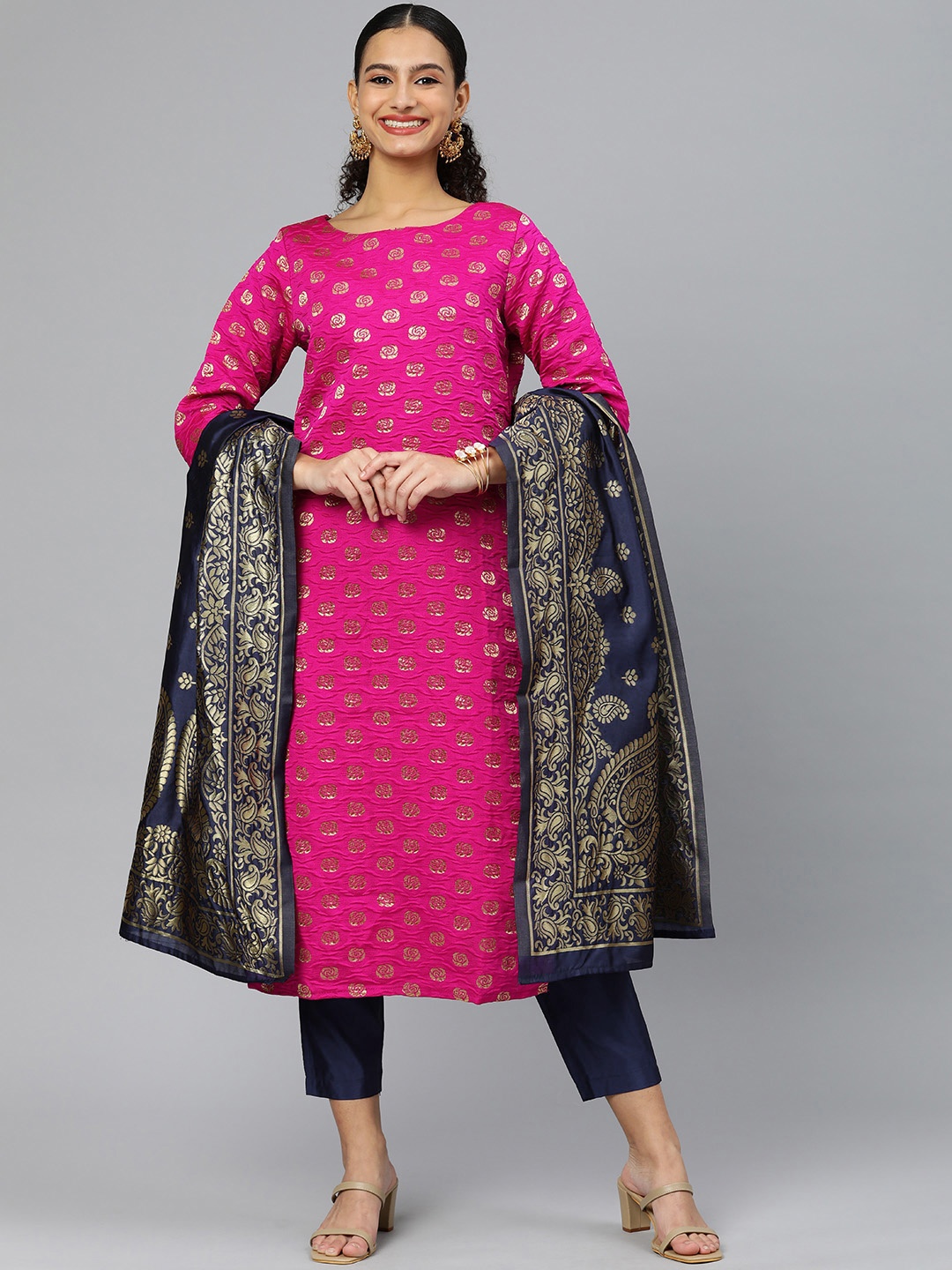 

KALINI Women Woven Design Floral Zari Regular Kurta with Trousers & With Dupatta, Magenta