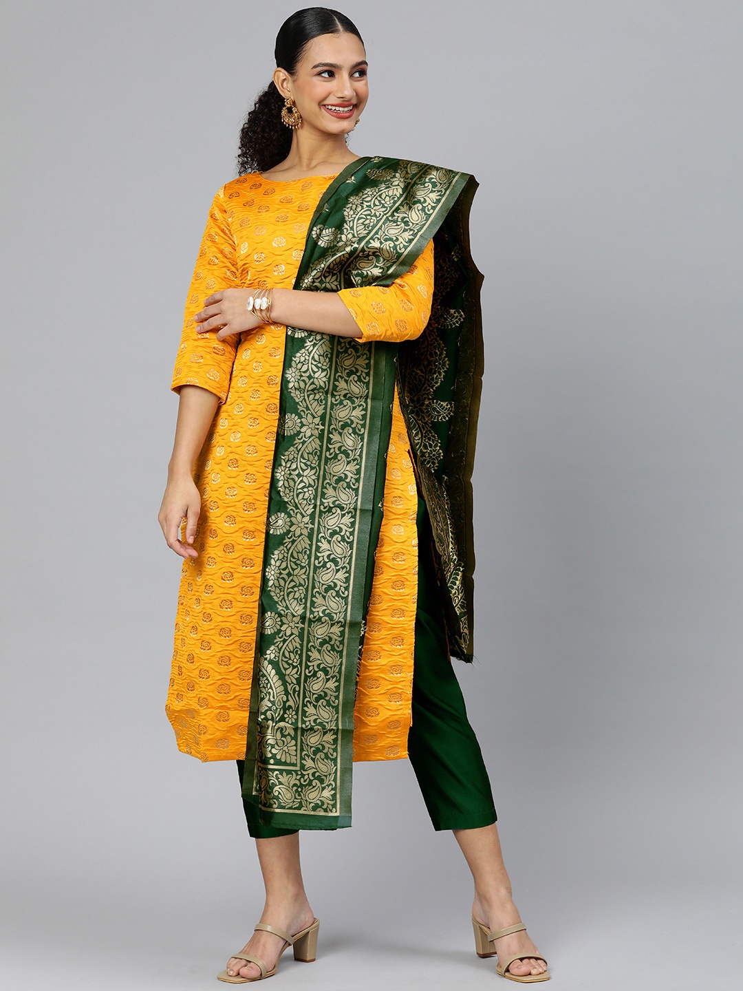 

KALINI Women Woven Design Floral Zari Regular Kurta with Trousers & With Dupatta, Yellow