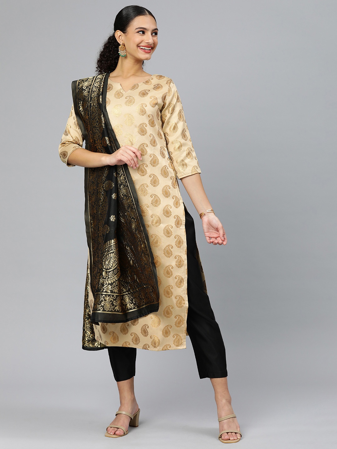 

KALINI Women Woven Design Paisley Zari Regular Kurta with Trousers & With Dupatta, Beige