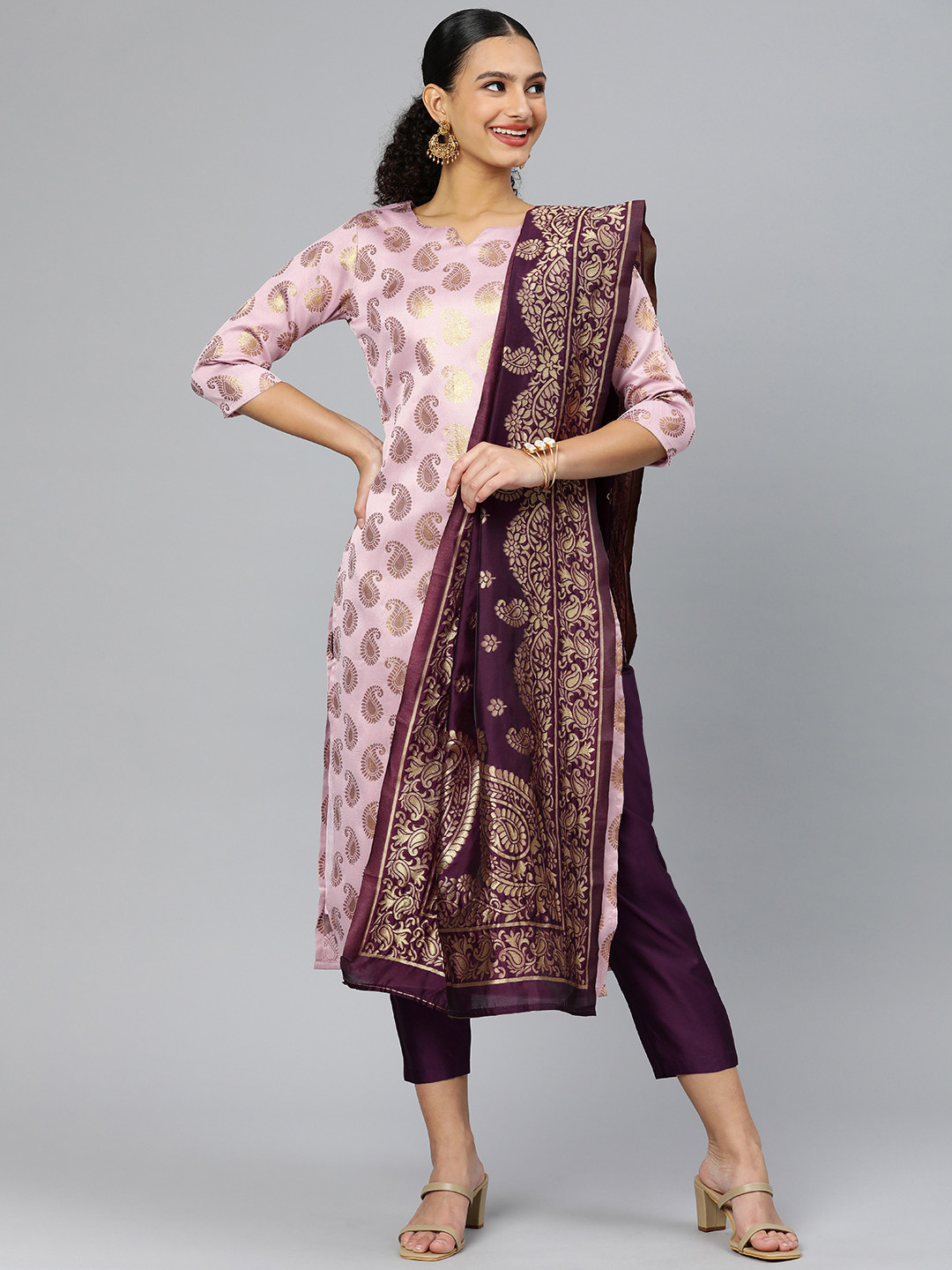 

KALINI Women Woven Design Paisley Zari Regular Kurta with Trousers & With Dupatta, Lavender