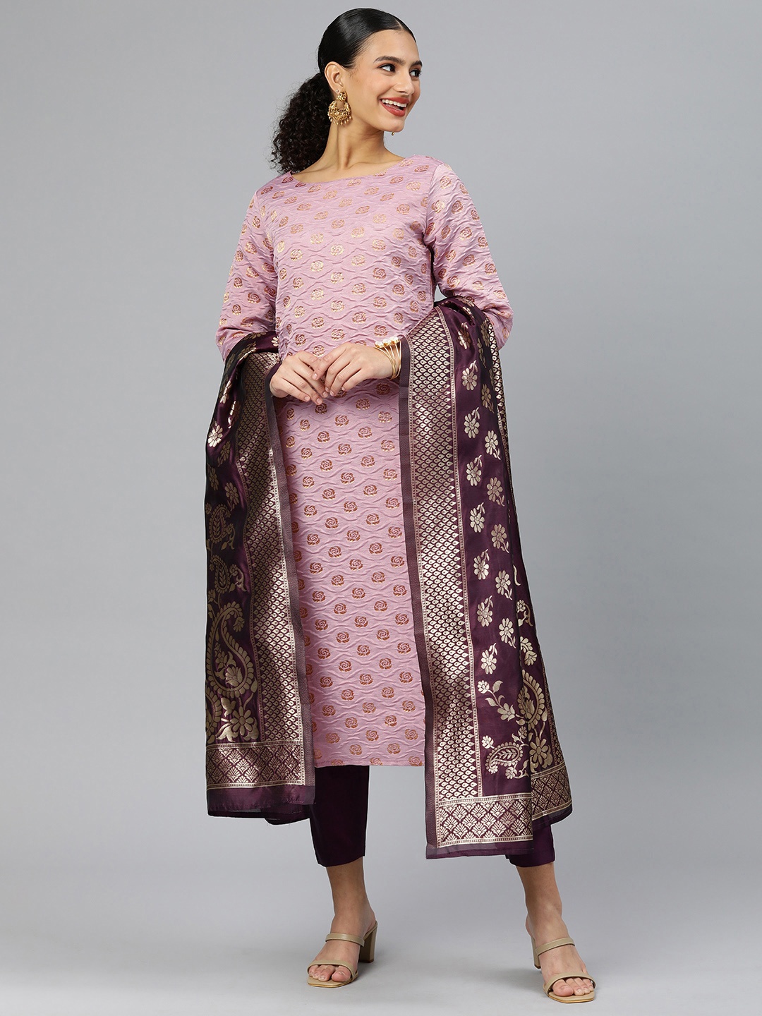 

KALINI Women Woven Design Floral Zari Regular Kurta with Trousers & With Dupatta, Lavender