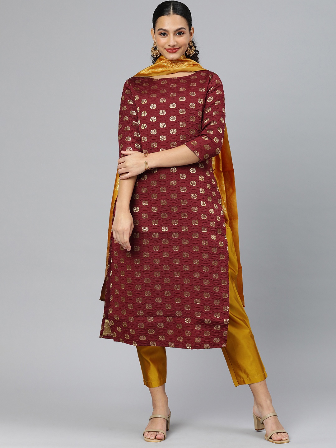 

KALINI Women Woven Design Floral Zari Regular Kurta with Trousers & With Dupatta, Maroon