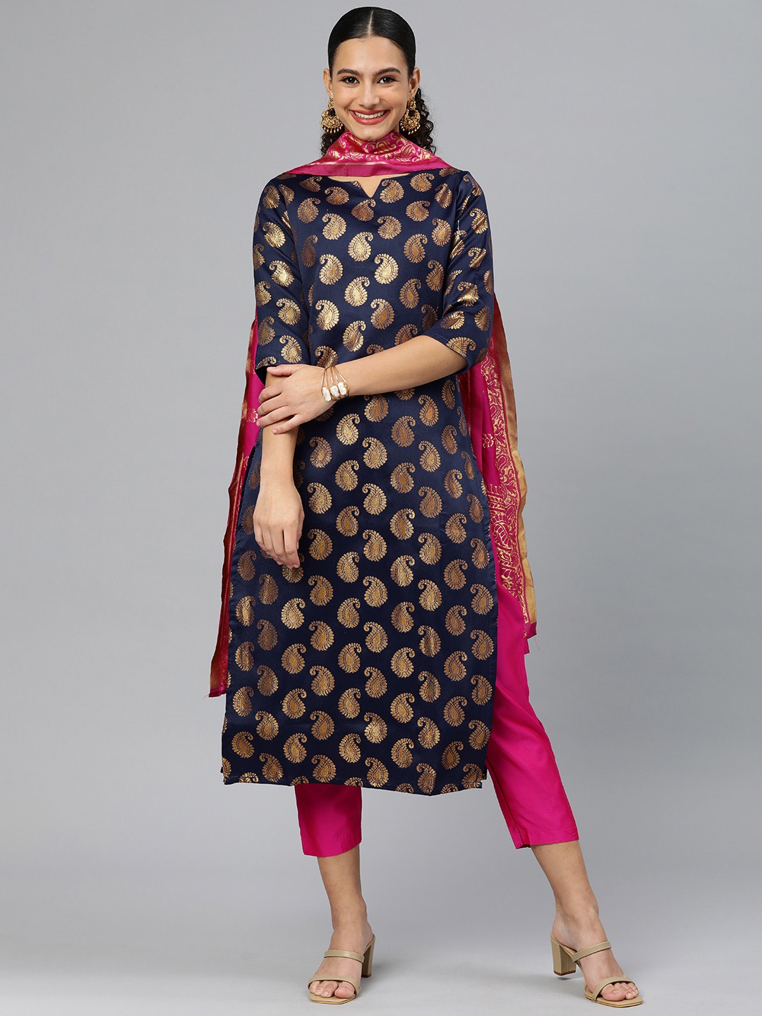 

KALINI Women Woven Design Paisley Zari Regular Kurta with Trousers & With Dupatta, Navy blue