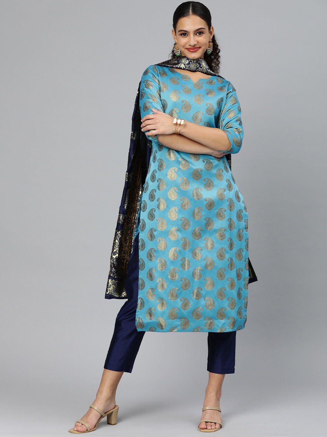 

KALINI Women Woven Design Paisley Zari Regular Kurta with Trousers & With Dupatta, Blue