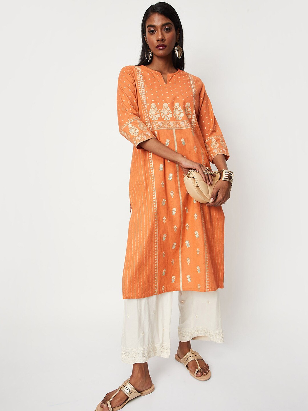 

max Floral Printed Notched Neck Straight Kurta, Orange
