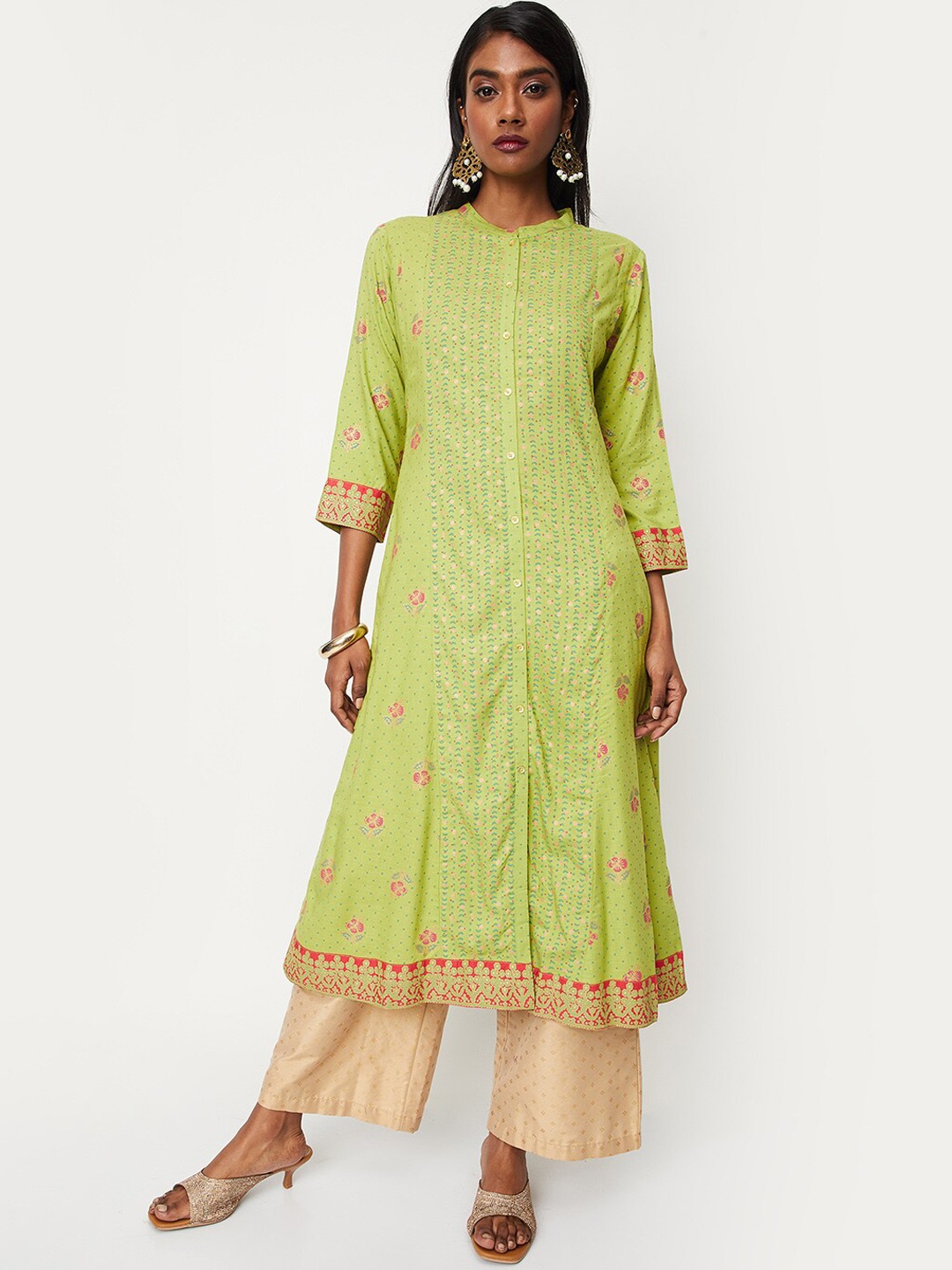

max Floral Printed Band Collar Anarkali Kurta, Green