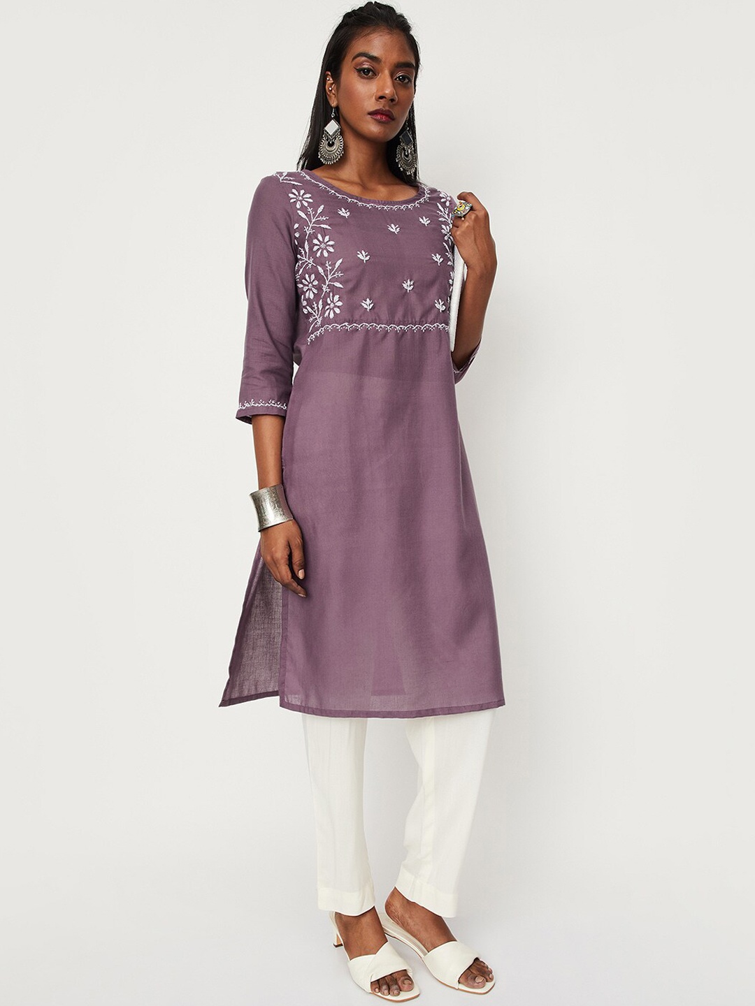 

max Floral Embroidered Straight Kurta, Purple