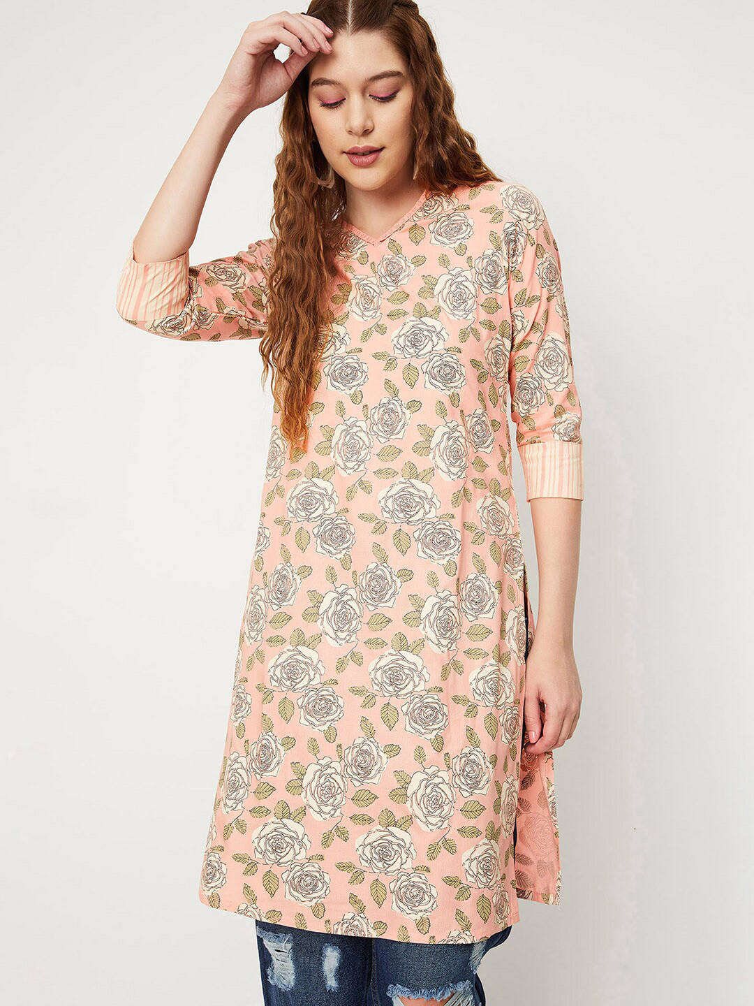 

max Floral Printed V-Neck Straight Kurta, Pink