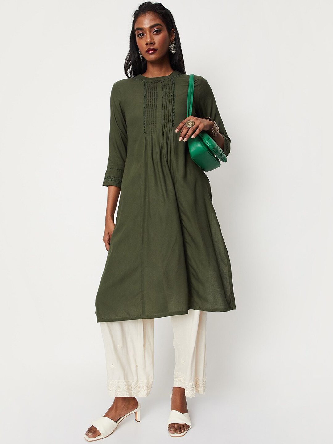 

max Round Neck A-Line Kurta, Olive