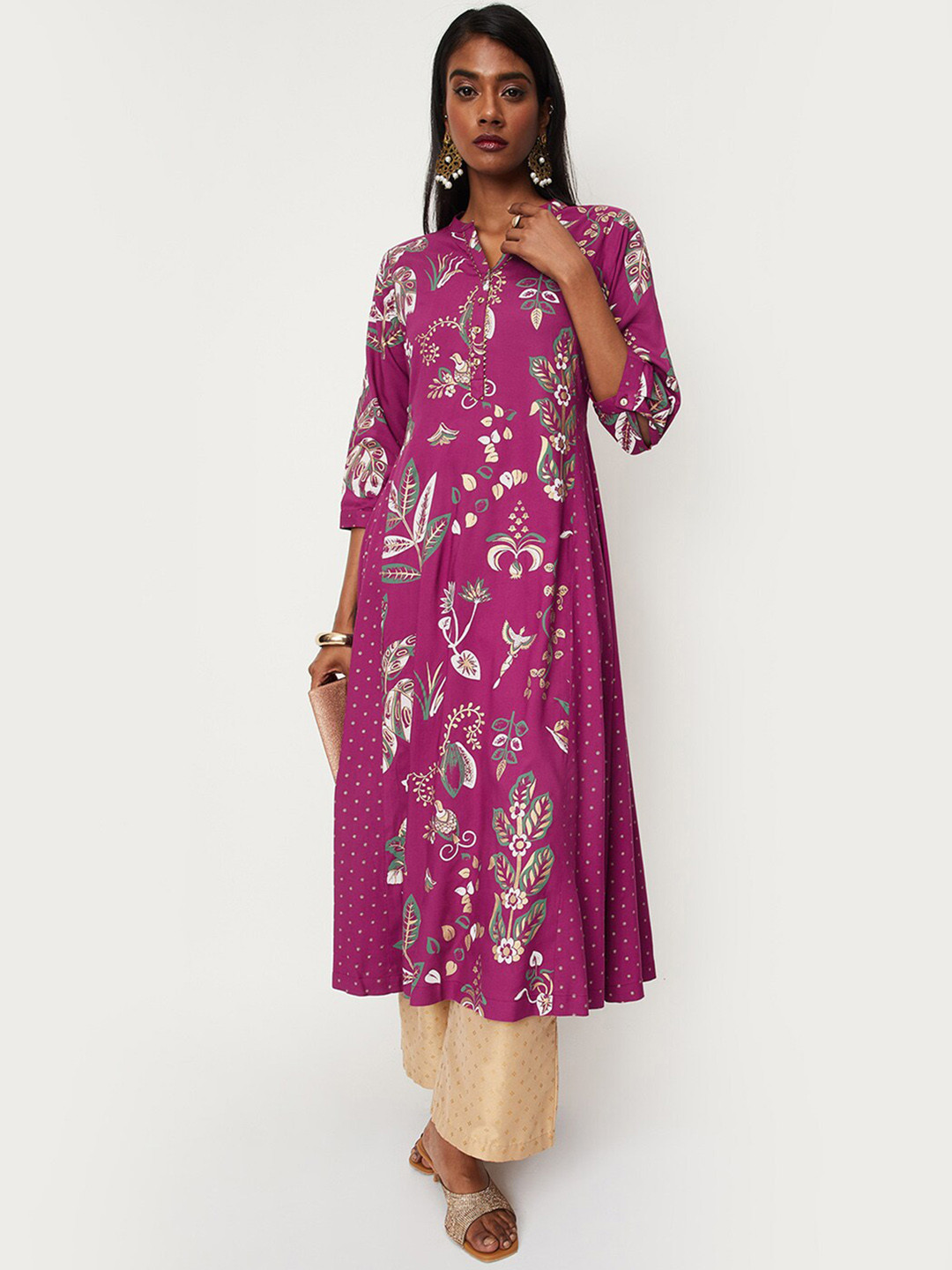 

max Ethnic Motif Printed Band Collar Anarkali Kurta, Purple