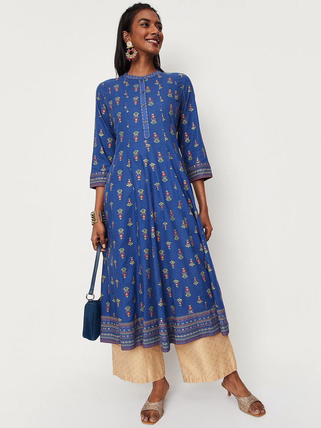 

max Ethnic Motifs Printed Sequinned Panelled Anarkali Kurta, Blue