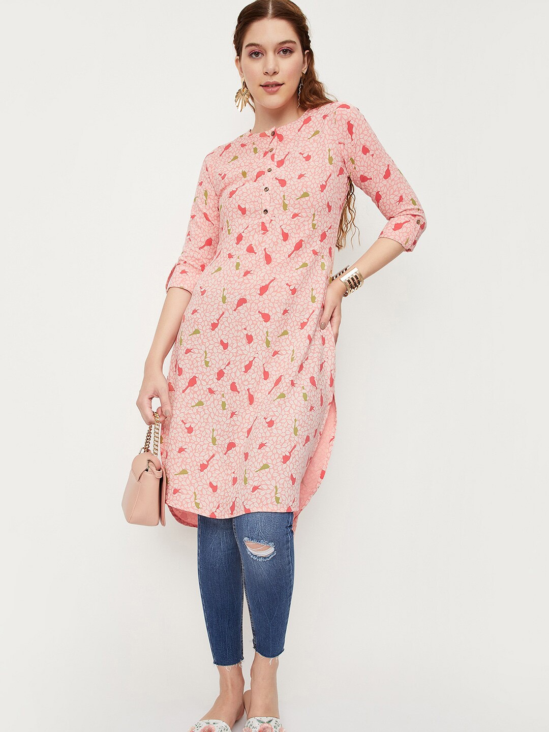 

max Quirky Printed Roll Up Sleeves High-Low Kurta, Peach