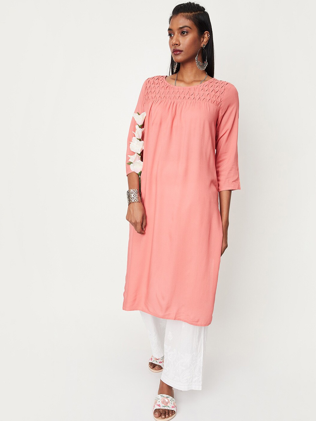

max Round Neck Thread Work Straight Kurta, Orange