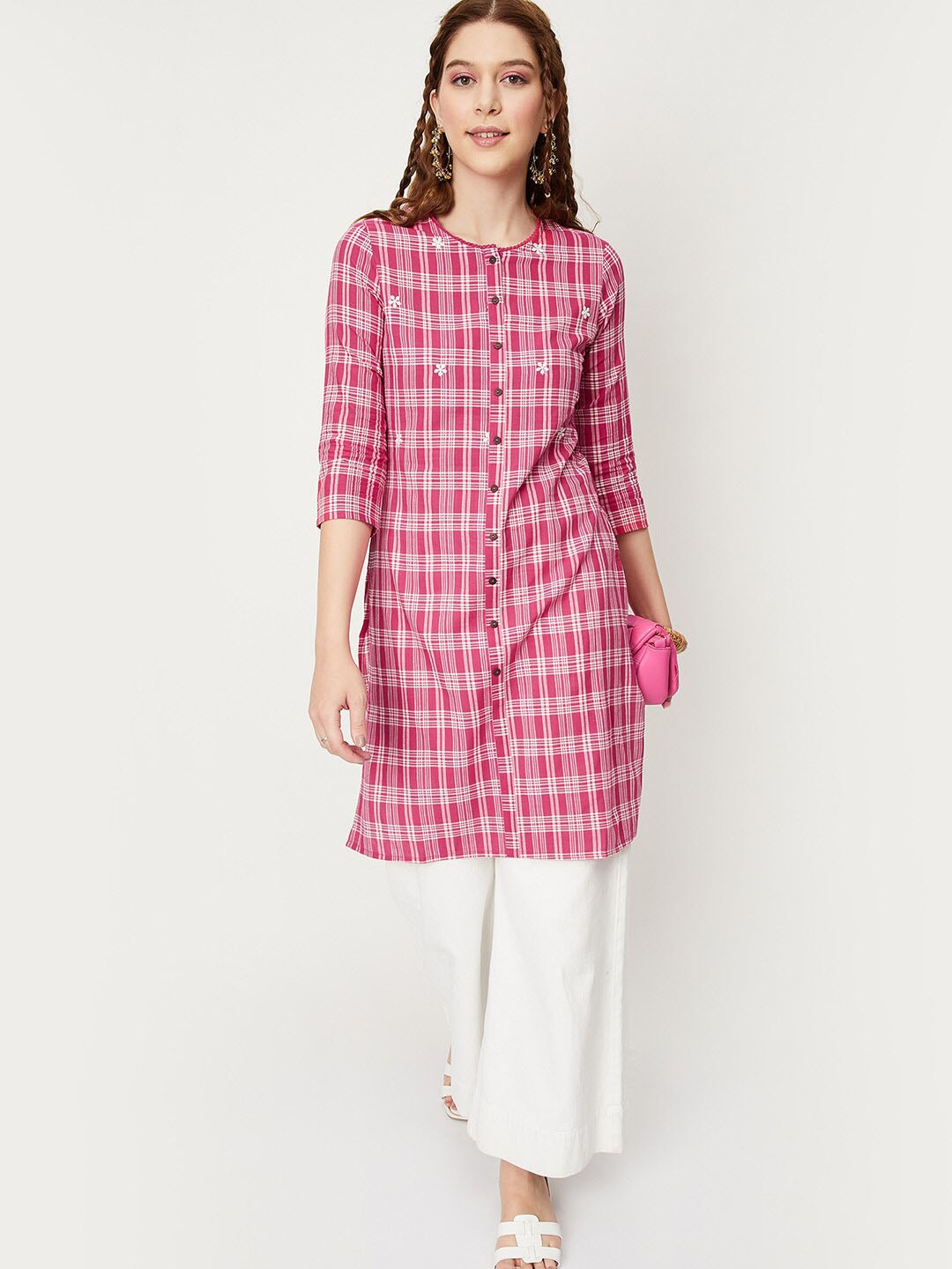 

max Checked Thread Work Cotton Kurta, Pink