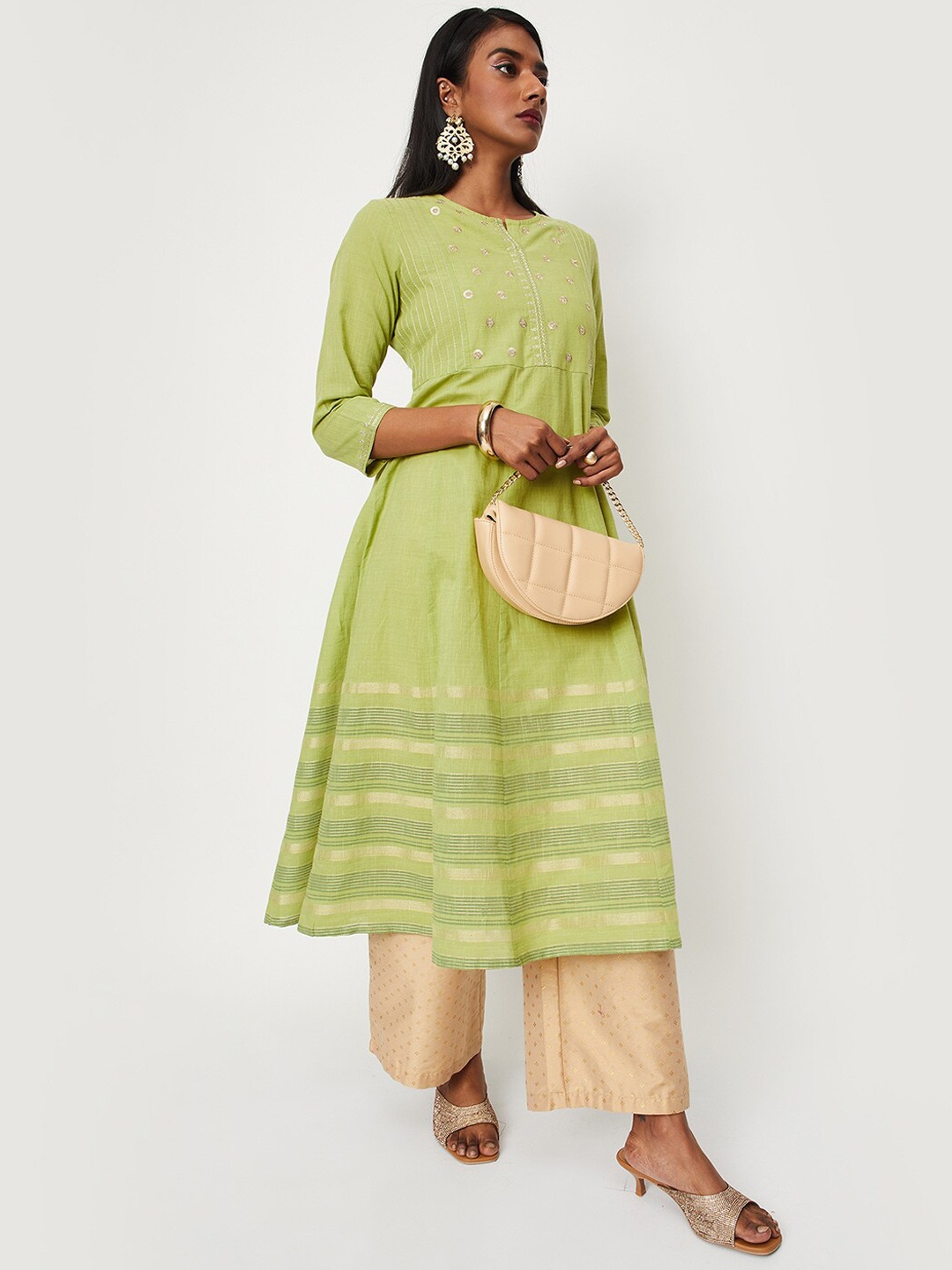 

max Striped Notched Neck Regular Sequined A-Line Cotton Kurta, Green