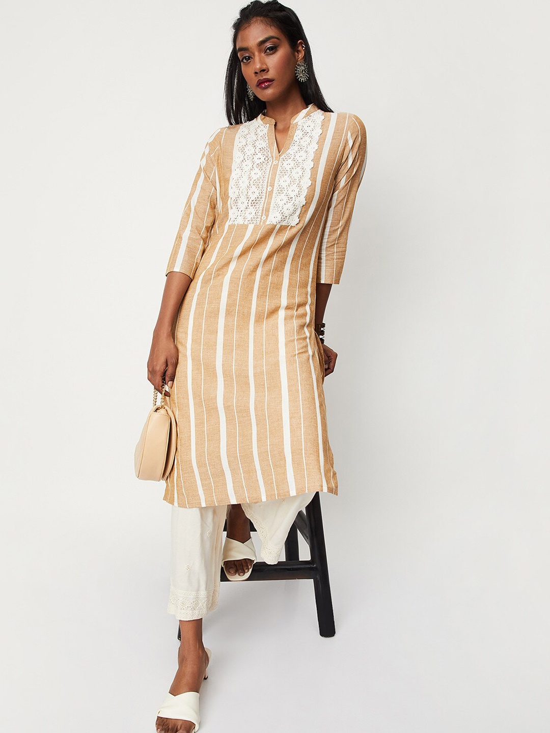 

max Striped Band Collar Lace Up Cotton Kurta, Brown